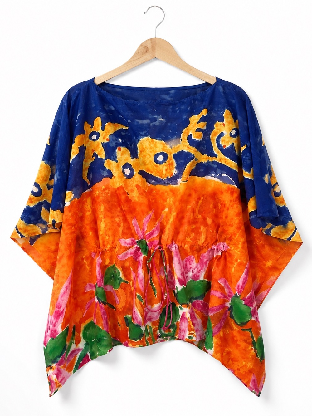 Lauren Ralph Lauren Abstract Floral Poncho Top Drawstring Batik Boho tunic small
